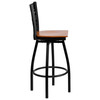 HERCULES Series Black ''X'' Back Swivel Metal Barstool - Cherry Wood Seat