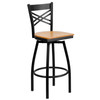 HERCULES Series Black ''X'' Back Swivel Metal Barstool - Natural Wood Seat