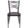 HERCULES Series Clear Coated ''X'' Back Metal Restaurant Chair - Walnut Wood Seat