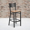 HERCULES Series Black Grid Back Metal Restaurant Barstool - Natural Wood Seat