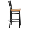 HERCULES Series Black Grid Back Metal Restaurant Barstool - Natural Wood Seat