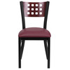 HERCULES Series Black Cutout Back Metal Restaurant Chair - Mahogany Wood Back, Burgundy Vinyl Seat