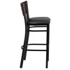 HERCULES Series Black Cutout Back Metal Restaurant Barstool - Mahogany Wood Back, Black Vinyl Seat