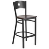 HERCULES Series Black Circle Back Metal Restaurant Barstool - Walnut Wood Seat