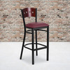 HERCULES Series Black 4 Square Back Metal Restaurant Barstool - Mahogany Wood Back, Burgundy Vinyl Seat