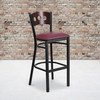 HERCULES Series Black 3 Circle Back Metal Restaurant Barstool - Walnut Wood Back, Burgundy Vinyl Seat