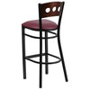 HERCULES Series Black 3 Circle Back Metal Restaurant Barstool - Walnut Wood Back, Burgundy Vinyl Seat