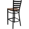 HERCULES Series Black Ladder Back Metal Restaurant Barstool - Cherry Wood Seat