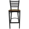 HERCULES Series Black Ladder Back Metal Restaurant Barstool - Mahogany Wood Seat