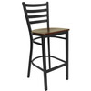 HERCULES Series Black Ladder Back Metal Restaurant Barstool - Mahogany Wood Seat