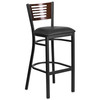 HERCULES Series Black Slat Back Metal Restaurant Barstool - Walnut Wood Back, Black Vinyl Seat