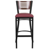 HERCULES Series Black Slat Back Metal Restaurant Barstool - Walnut Wood Back, Burgundy Vinyl Seat