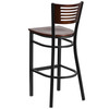 HERCULES Series Black Slat Back Metal Restaurant Barstool - Walnut Wood Back & Seat