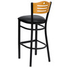 HERCULES Series Black Slat Back Metal Restaurant Barstool - Natural Wood Back, Black Vinyl Seat