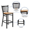 HERCULES Series Black Vertical Back Metal Restaurant Barstool - Natural Wood Seat