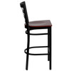 HERCULES Series Black Window Back Metal Restaurant Barstool - Mahogany Wood Seat