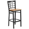 HERCULES Series Black Window Back Metal Restaurant Barstool - Natural Wood Seat