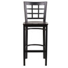 HERCULES Series Black Window Back Metal Restaurant Barstool - Walnut Wood Seat