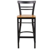 HERCULES Series Black Two-Slat Ladder Back Metal Restaurant Barstool - Natural Wood Seat