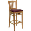 HERCULES Series Vertical Slat Back Natural Wood Restaurant Barstool - Burgundy Vinyl Seat