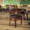 HERCULES Series Vertical Slat Back Mahogany Wood Restaurant Chair - Black Vinyl Seat