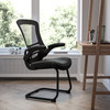 Kelista Black Mesh Sled Base Side Reception Chair with White Stitched LeatherSoft Seat and Flip-Up Arms