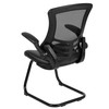 Kelista Black Mesh Sled Base Side Reception Chair with White Stitched LeatherSoft Seat and Flip-Up Arms