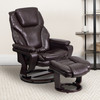 Austin Contemporary Multi-Position Recliner and Ottoman with Swivel Mahogany Wood Base in Brown LeatherSoft