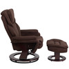 Austin Contemporary Multi-Position Recliner and Ottoman with Swivel Mahogany Wood Base in Brown Microfiber