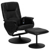 Cason Massaging Adjustable Recliner with Deep Side Pockets and Ottoman with Wrapped Base in Black LeatherSoft