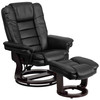 Bali Contemporary Multi-Position Recliner with Horizontal Stitching and Ottoman with Swivel Mahogany Wood Base in Black LeatherSoft