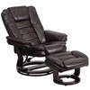 Bali Contemporary Multi-Position Recliner with Horizontal Stitching and Ottoman with Swivel Mahogany Wood Base in Brown LeatherSoft