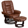 Bali Contemporary Multi-Position Recliner with Horizontal Stitching and Ottoman with Swivel Mahogany Wood Base in Brown Vintage Leather