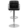 Genna Contemporary Black Quilted Vinyl Adjustable Height Barstool with Arms and Chrome Base