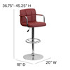 Genna Contemporary Burgundy Quilted Vinyl Adjustable Height Barstool with Arms and Chrome Base