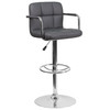 Genna Contemporary Gray Quilted Vinyl Adjustable Height Barstool with Arms and Chrome Base