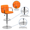 Genna Contemporary Orange Quilted Vinyl Adjustable Height Barstool with Arms and Chrome Base