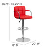 Genna Contemporary Red Quilted Vinyl Adjustable Height Barstool with Arms and Chrome Base