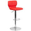 Jeremy Contemporary Red Vinyl Adjustable Height Barstool with Vertical Stitch Back and Chrome Base