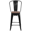 Lily 24" High Black Metal Counter Height Stool with Back and Wood Seat