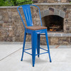 Lily 24" High Blue Metal Counter Height Stool with Back and Wood Seat