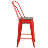 Lily 24" High Red Metal Counter Height Stool with Back and Wood Seat