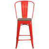 Lily 24" High Red Metal Counter Height Stool with Back and Wood Seat