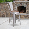 Lily 24" High Silver Metal Counter Height Stool with Back and Wood Seat