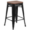 Lily 24" High Backless Black Metal Counter Height Stool with Square Wood Seat
