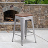 Lily 24" High Backless Silver Metal Counter Height Stool with Square Wood Seat