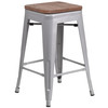 Lily 24" High Backless Silver Metal Counter Height Stool with Square Wood Seat