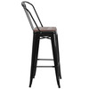 Lily 30" High Black Metal Barstool with Back and Wood Seat