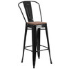 Lily 30" High Black Metal Barstool with Back and Wood Seat
