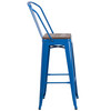 Lily 30" High Blue Metal Barstool with Back and Wood Seat